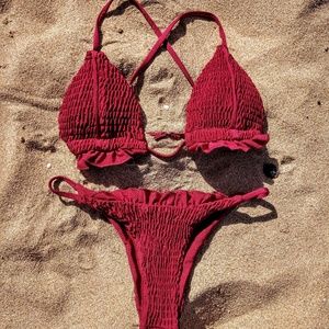 Red Smocked Ruffle Bikini